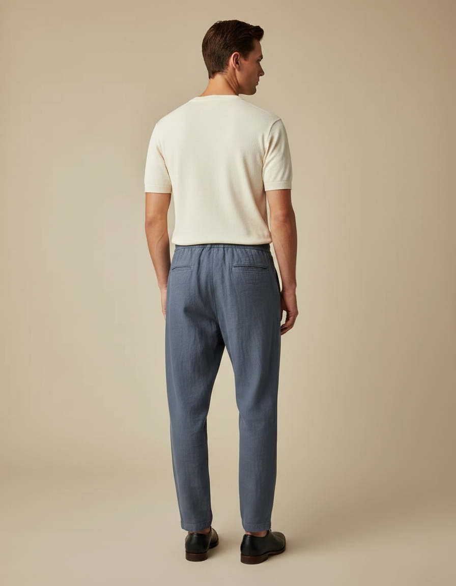 Pantalon Parachute Bleu Coton Lin Ample Homme Décontracté - vue 2