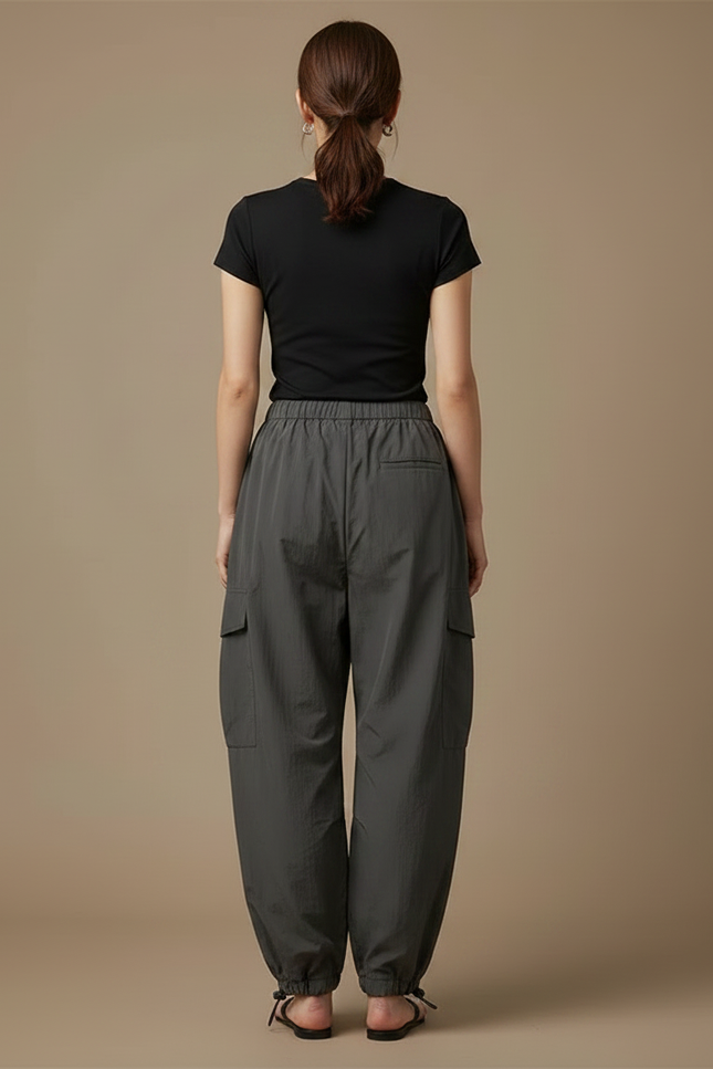 Pantalon Parachute Gris Ample Cordon Fluide Cargo Femme - Polyester - vue 2