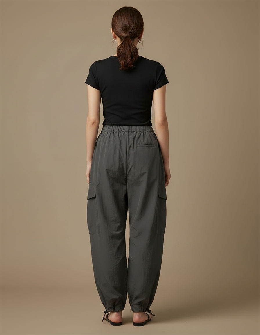 Pantalon Parachute Gris Ample Cordon Fluide Cargo Femme - Polyester - vue 2