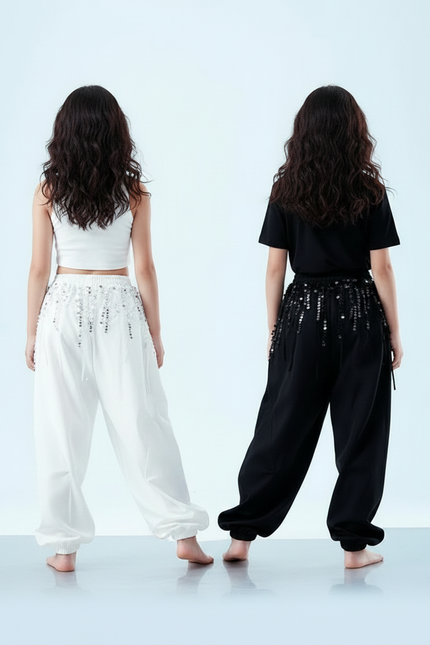 Pantalon Parachute Blanc Noir Paillettes Ample Fille - Polyester - vue 2