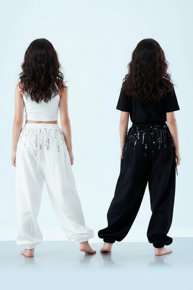 Pantalon Parachute Blanc Noir Paillettes Ample Fille - Polyester - vue 2