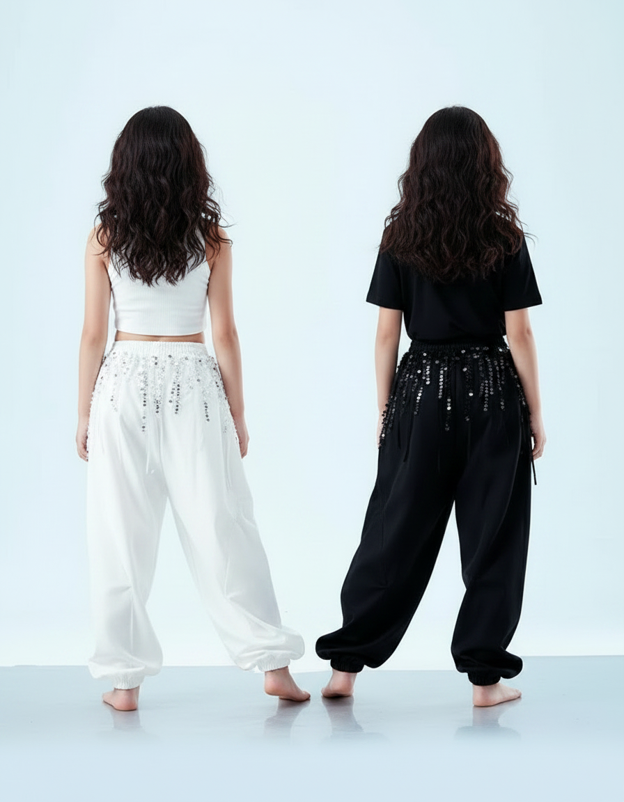 Pantalon Parachute Blanc Noir Paillettes Ample Fille - Polyester - vue 2