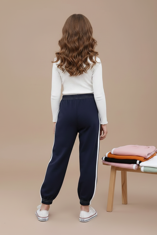 Pantalon Parachute Enfant Bleu Marine Rayures Blanches - Molleton - vue 2