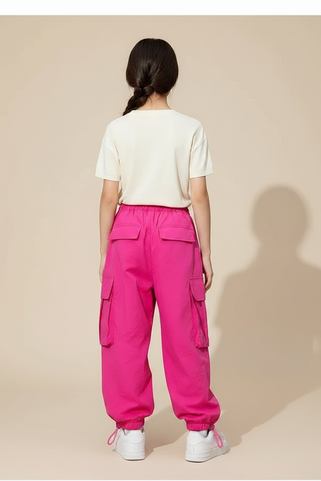 Pantalon Parachute Rose Vif Ample Cargo Fille - Polyester - vue 2