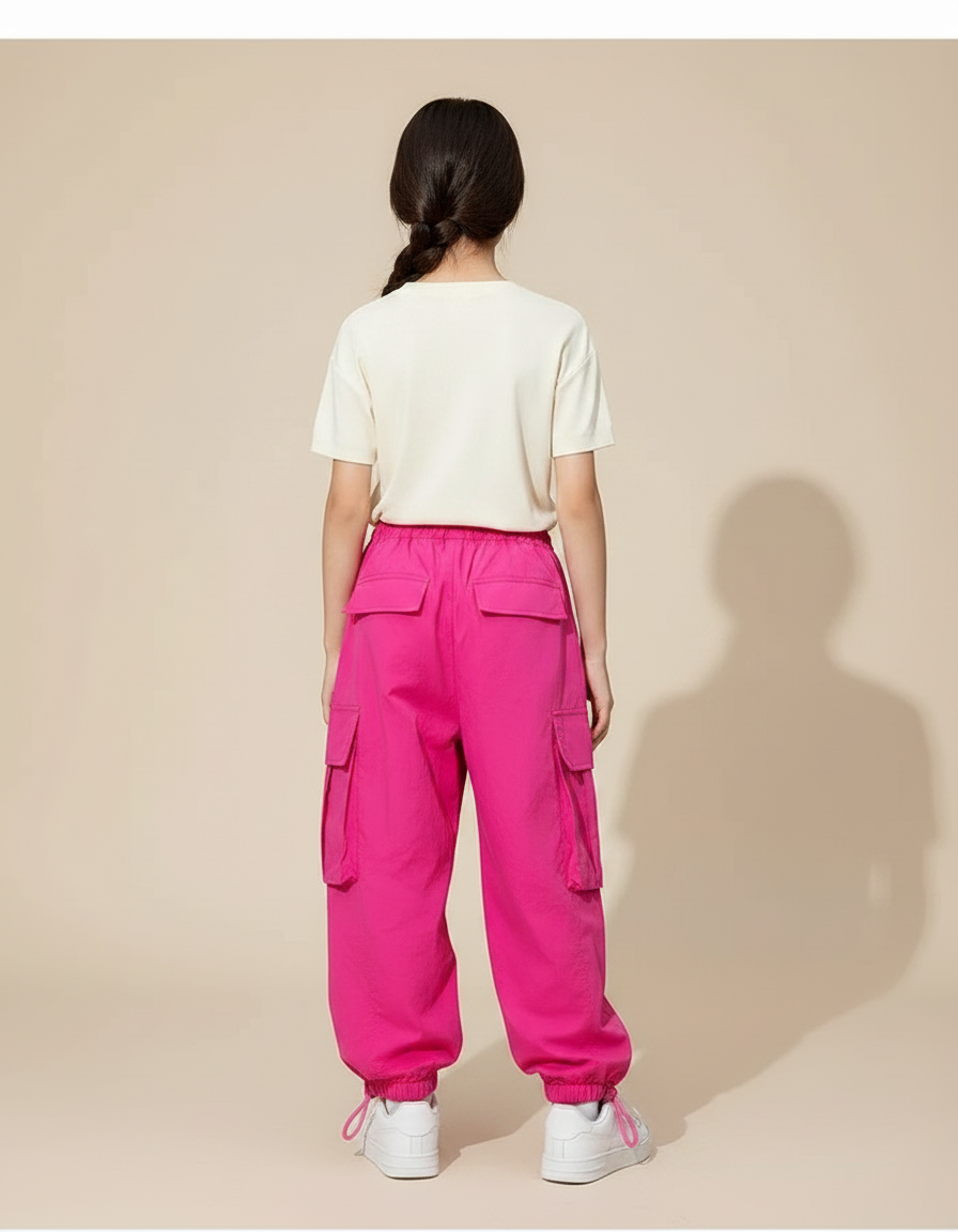 Pantalon Parachute Rose Vif Ample Cargo Fille - Polyester - vue 2
