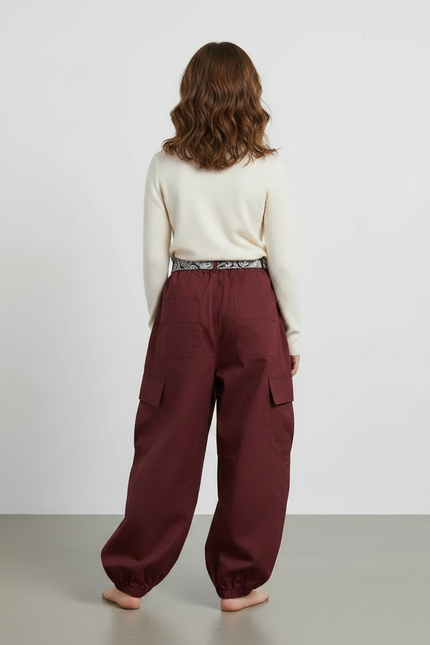Pantalon Parachute Marron Cargo Ample Ceinturé Fille - Bordeaux Coton - vue 2