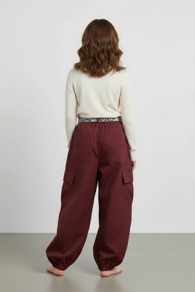 Pantalon Parachute Marron Cargo Ample Ceinturé Fille - Bordeaux Coton - vue 2