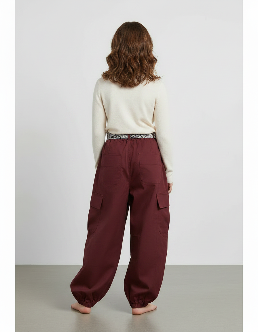 Pantalon Parachute Marron Cargo Ample Ceinturé Fille - Bordeaux Coton - vue 2