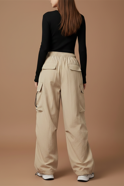 Pantalon Parachute Beige Ample Cargo Fluide Décontracté Femme - Polyester - vue 2