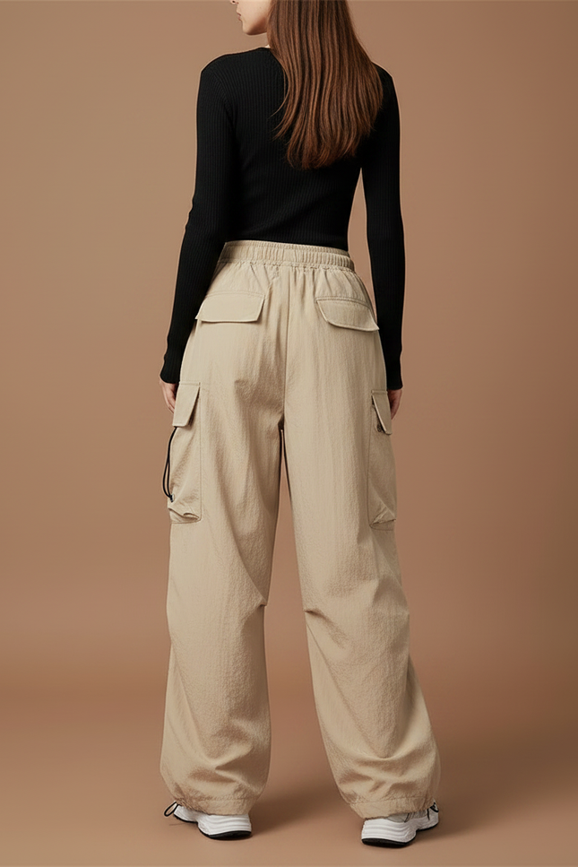 Pantalon Parachute Beige Ample Cargo Fluide Décontracté Femme - Polyester - vue 2