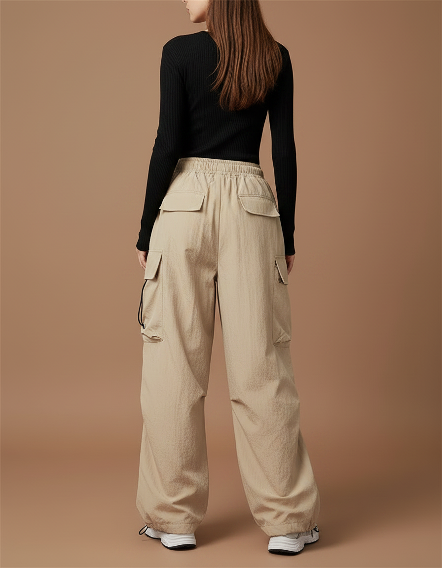 Pantalon Parachute Beige Ample Cargo Fluide Décontracté Femme - Polyester - vue 2