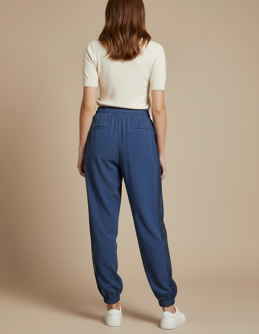 Pantalon Parachute Bleu Fluide Dentelle Cordon Femme - Polyester - vue 2