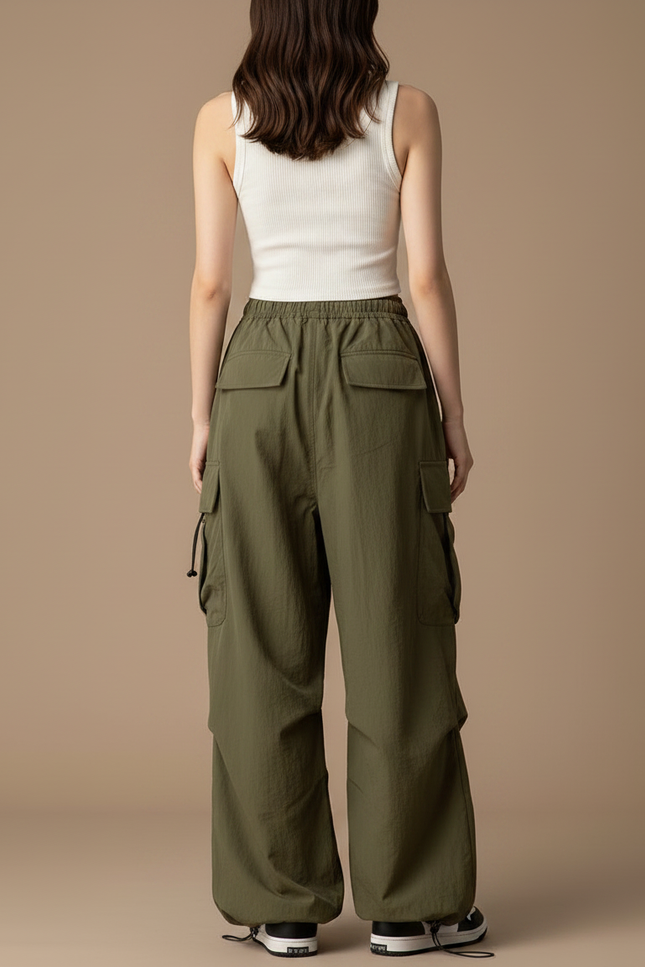 Pantalon Parachute Vert Ample Cargo Femme Fluide - Kaki Polyester - vue 2