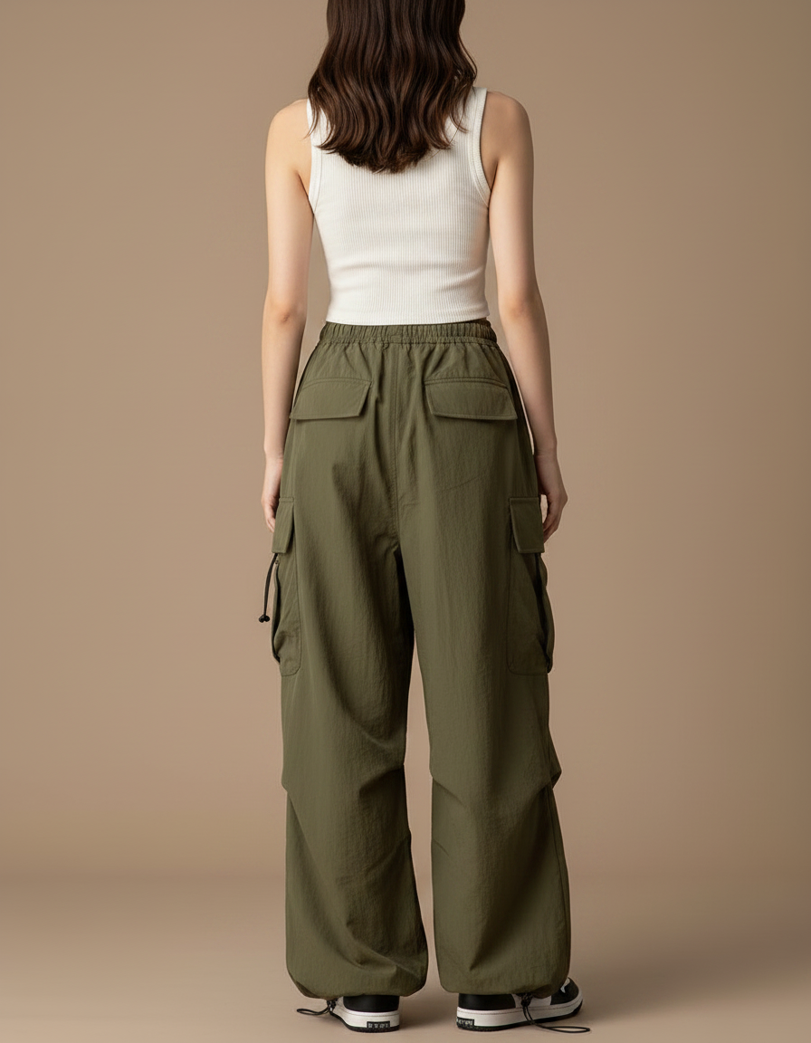 Pantalon Parachute Vert Ample Cargo Femme Fluide - Kaki Polyester - vue 2