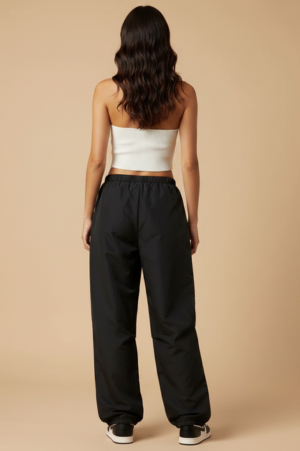 Pantalon Parachute Noir Ample Fluide Streetwear Cordon - Polyester - vue 2