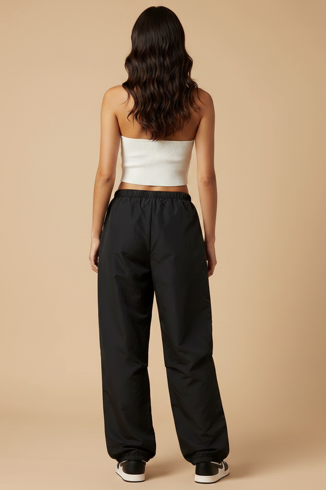 Pantalon Parachute Noir Ample Fluide Streetwear Cordon - Polyester - vue 2