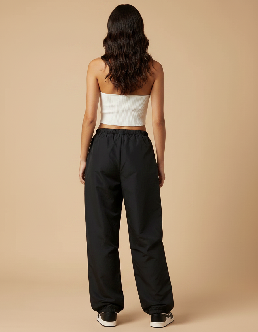 Pantalon Parachute Noir Ample Fluide Streetwear Cordon - Polyester - vue 2