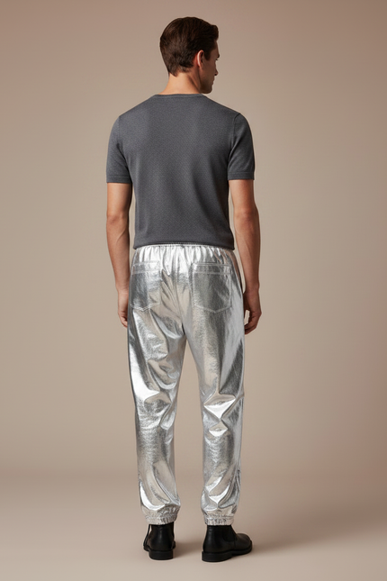 Pantalon Parachute Métallique Argenté Ample Brillant Homme - Polyester - vue 2