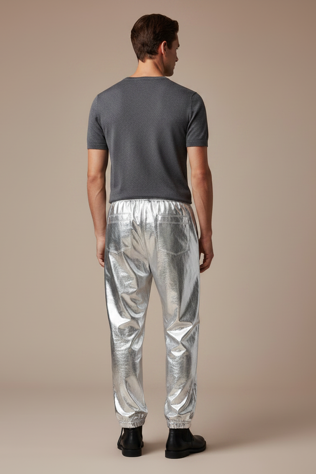 Pantalon Parachute Métallique Argenté Ample Brillant Homme - Polyester - vue 2