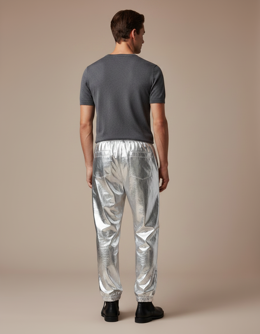 Pantalon Parachute Métallique Argenté Ample Brillant Homme - Polyester - vue 2