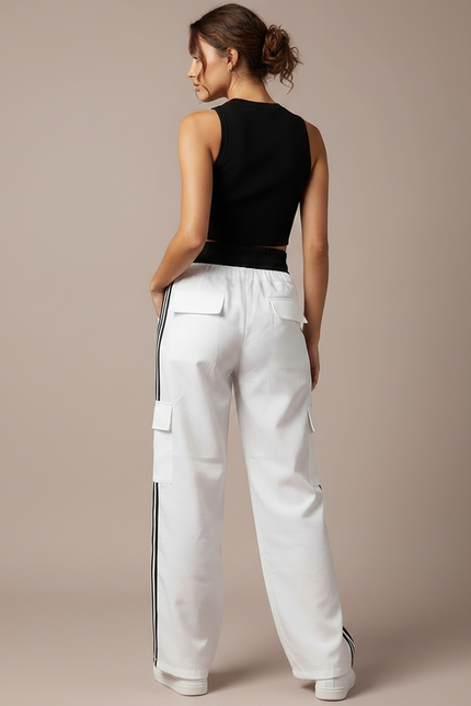 Pantalon Parachute Blanc Cargo Bandes Latérales Ample Femme - Coton - vue 2