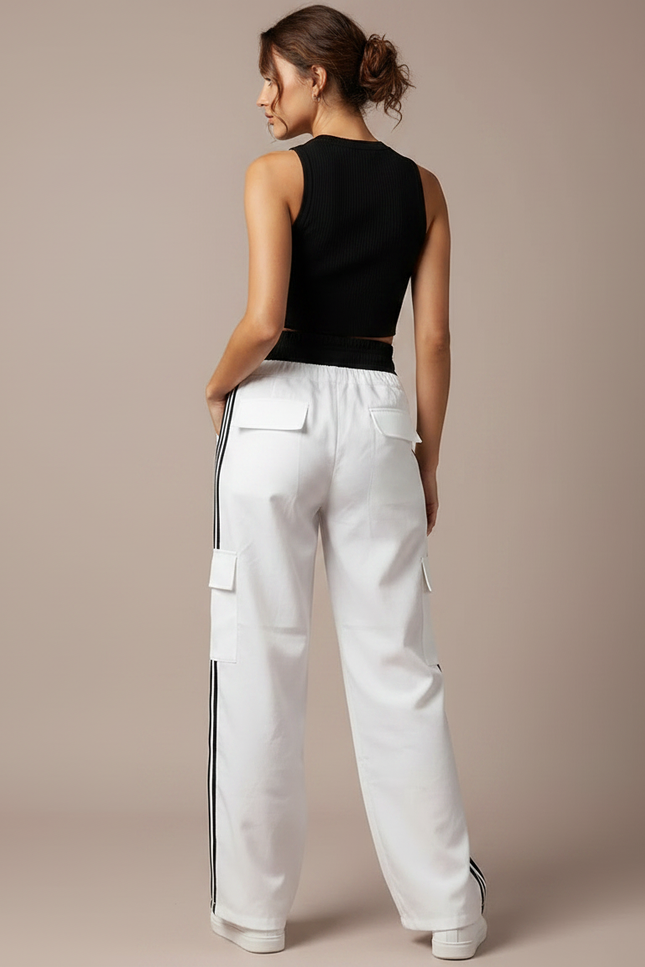 Pantalon Parachute Blanc Cargo Bandes Latérales Ample Femme - Coton - vue 2