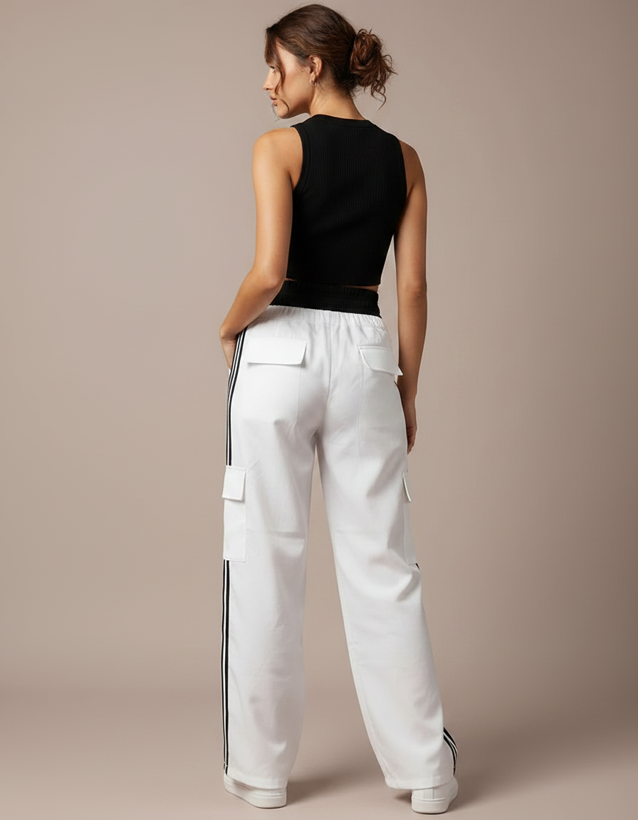 Pantalon Parachute Blanc Cargo Bandes Latérales Ample Femme - Coton - vue 2