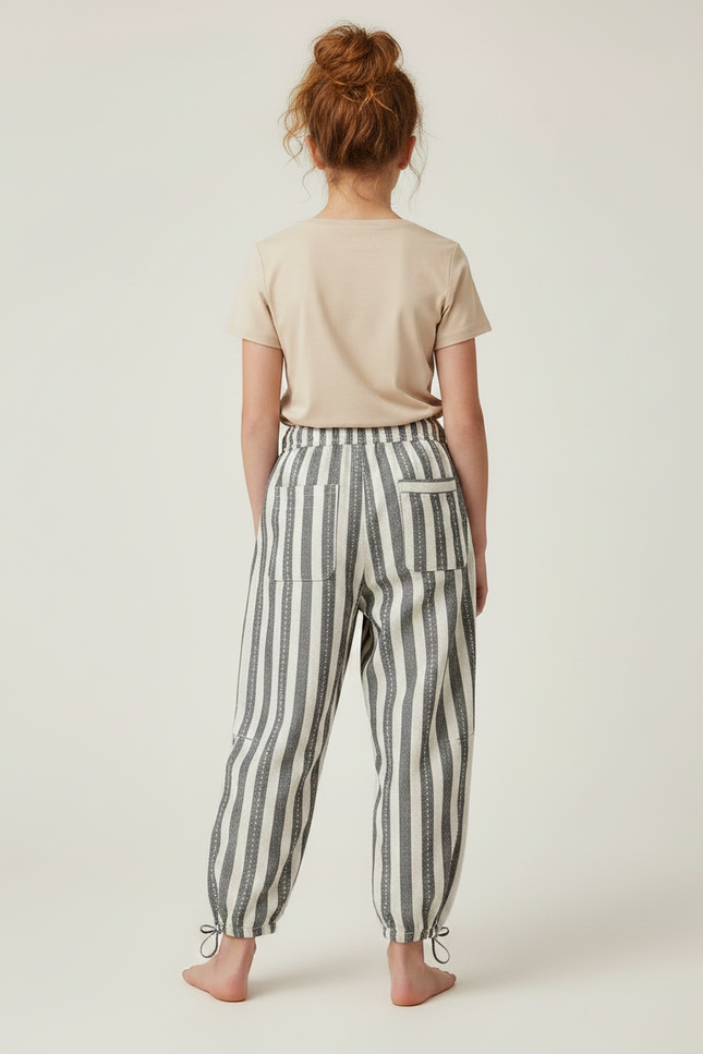 Pantalon Parachute Rayé Ample Cordon Décontracté Lin - Gris - vue 2