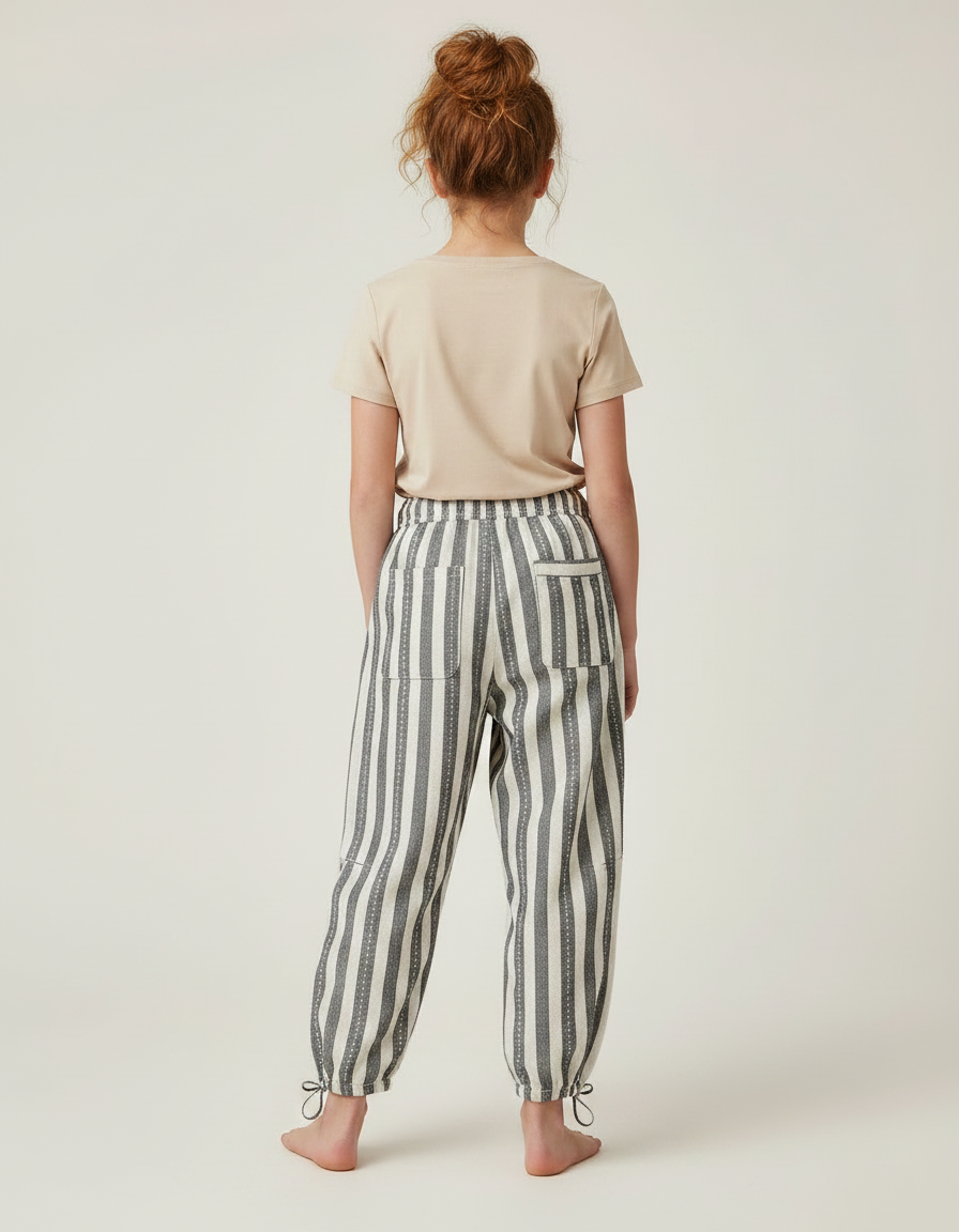 Pantalon Parachute Rayé Ample Cordon Décontracté Lin - Gris - vue 2