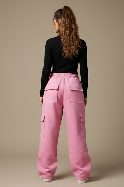 Pantalon Parachute Rose Cargo Ample Molleton Femme - vue 2
