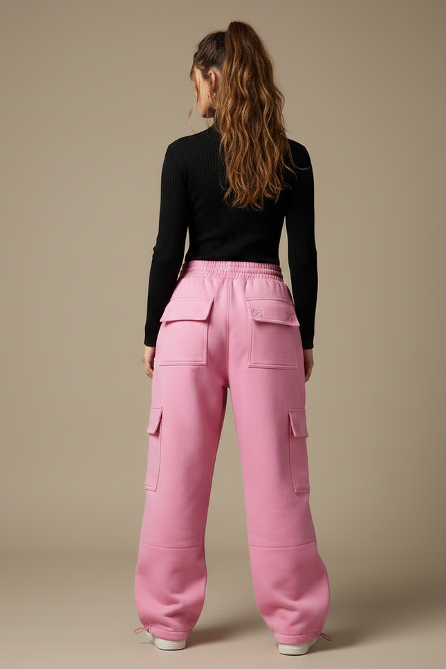 Pantalon Parachute Rose Cargo Ample Molleton Femme - vue 2