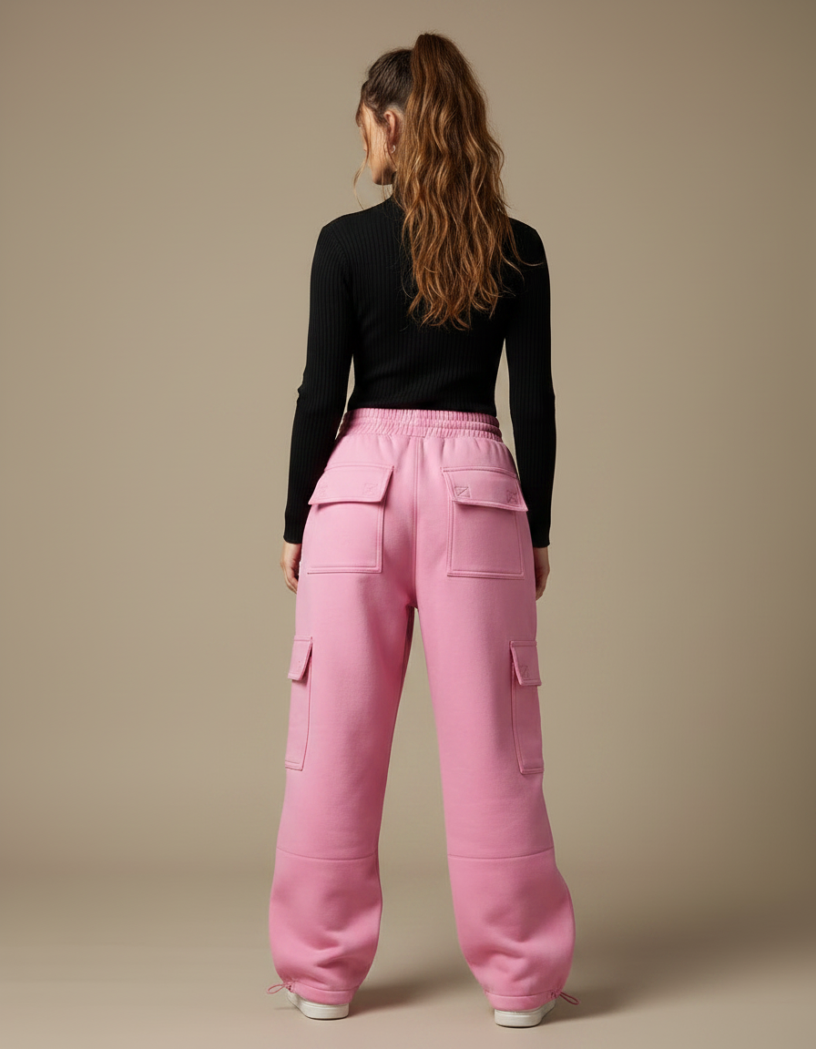 Pantalon Parachute Rose Cargo Ample Molleton Femme - vue 2