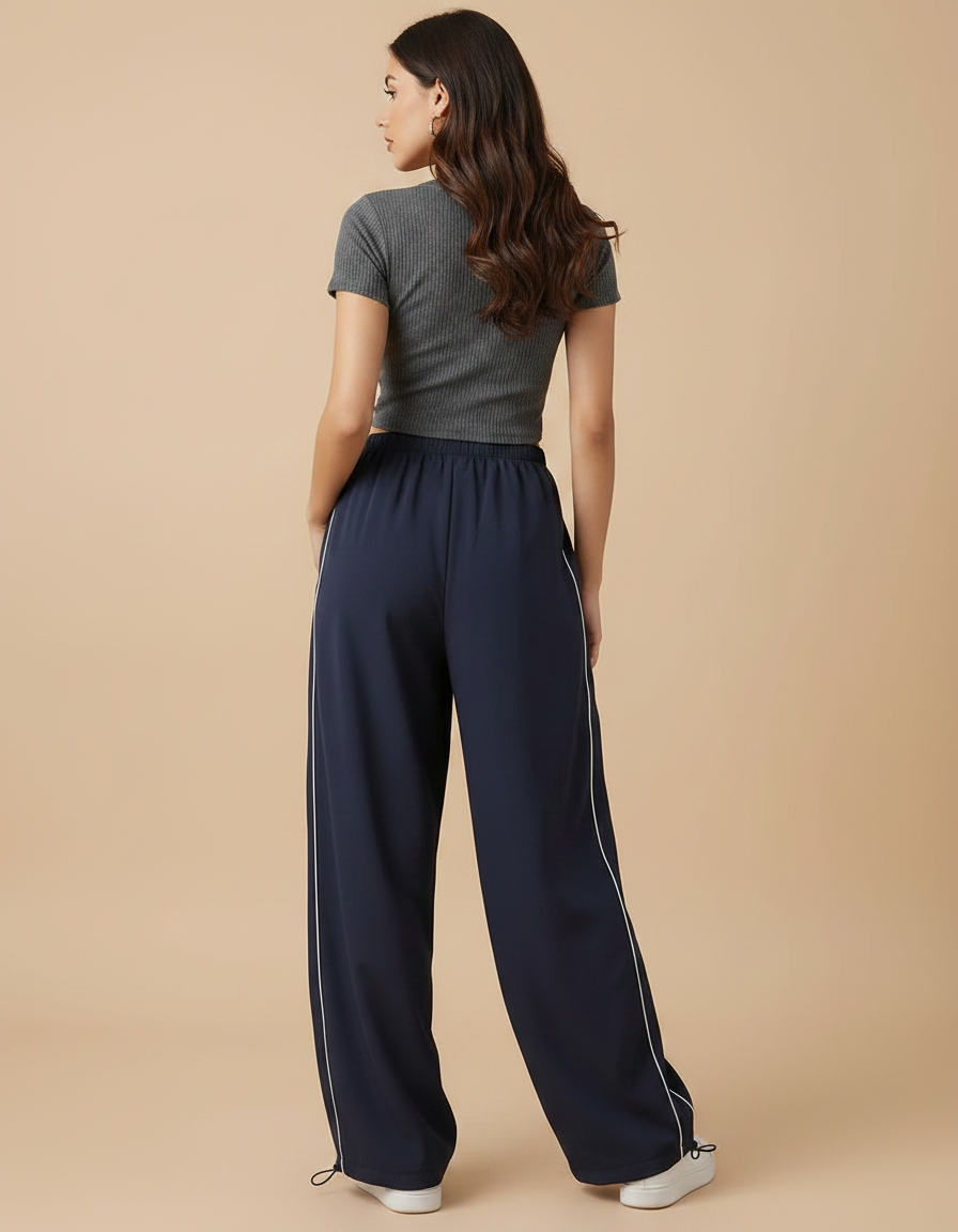 Pantalon Parachute Bleu Marine Ample Rayures Latérales - Polyester - vue 2