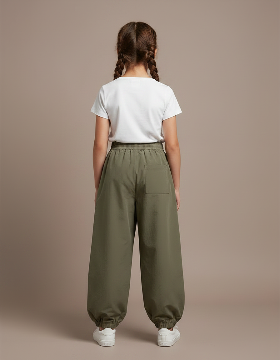 Pantalon Parachute Vert Ample Nylon Enfant Décontracté - Kaki Polyester - vue 2