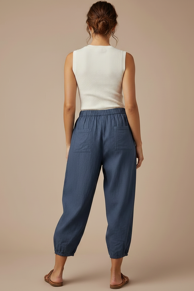 Pantalon Parachute Bleu Coton Ample Décontracté Boutons - Lin - vue 2