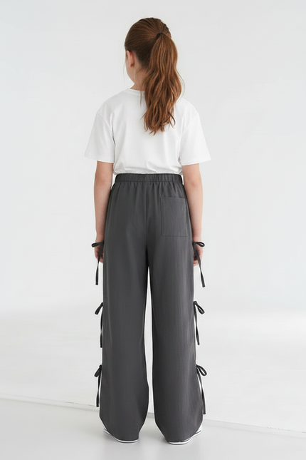 Pantalon Parachute Gris Ample Cordon Latéral Décontracté - Polyester - vue 2