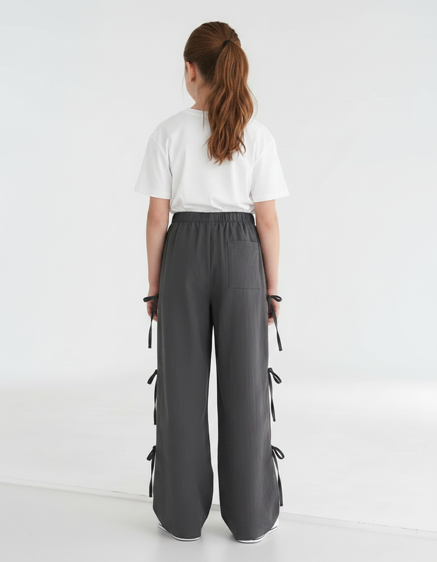 Pantalon Parachute Gris Ample Cordon Latéral Décontracté - Polyester - vue 2