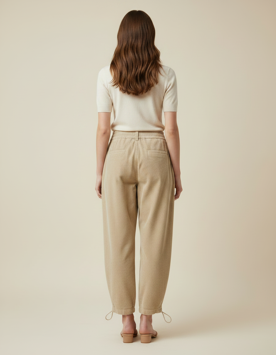 Pantalon Parachute Beige Côtelé Ample Décontracté Femme - Cordé - vue 2
