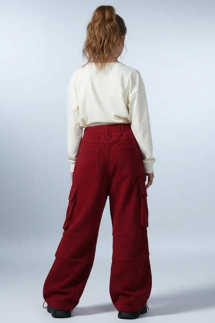Pantalon Parachute Rouge Cargo Ample Décontracté Enfant - Bordeaux Molleton - vue 2