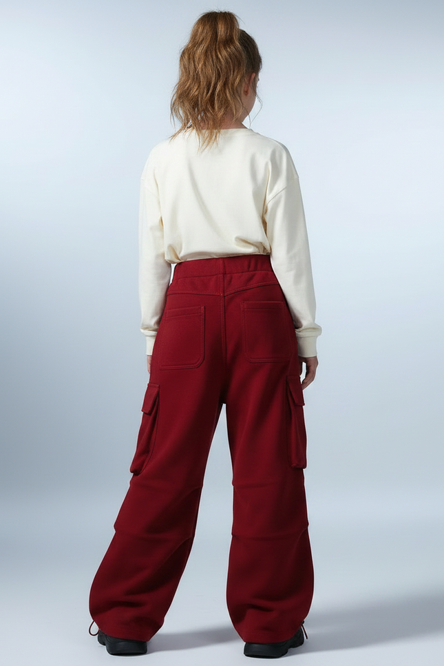 Pantalon Parachute Rouge Cargo Ample Décontracté Enfant - Bordeaux Molleton - vue 2