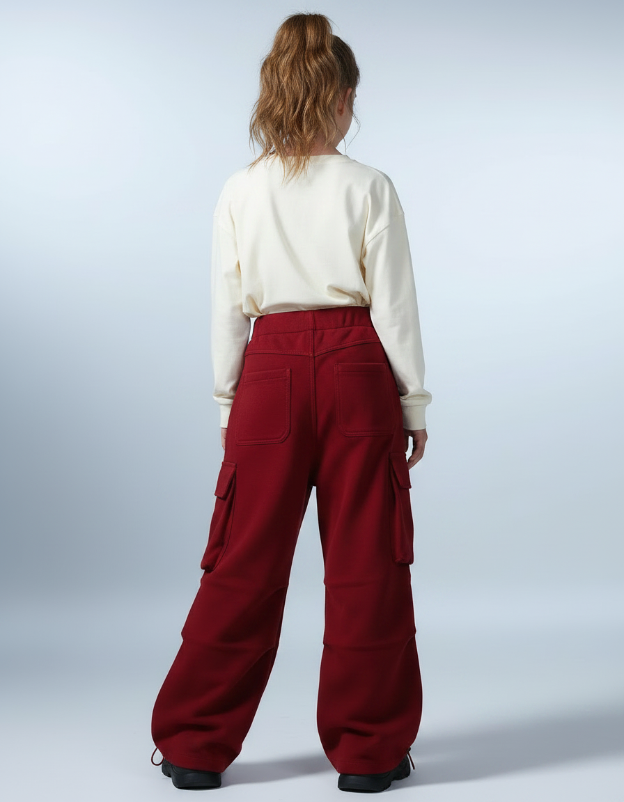 Pantalon Parachute Rouge Cargo Ample Décontracté Enfant - Bordeaux Molleton - vue 2