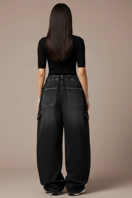 Pantalon Parachute Noir Cargo Ample Femme Streetwear Y2K - Jean - vue 2
