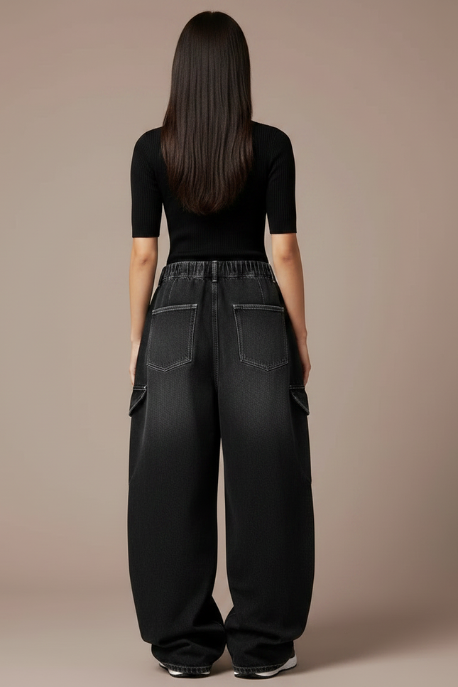 Pantalon Parachute Noir Cargo Ample Femme Streetwear Y2K - Jean - vue 2