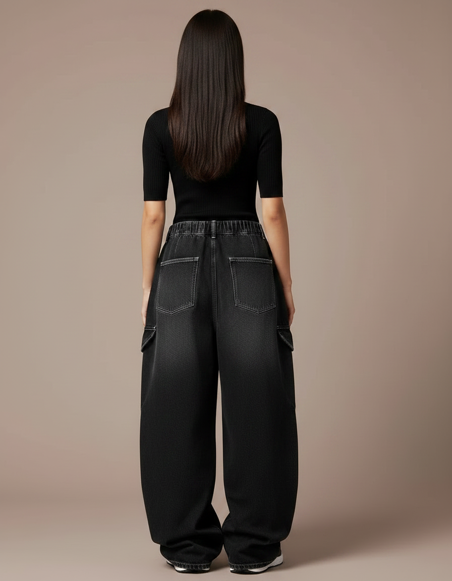 Pantalon Parachute Noir Cargo Ample Femme Streetwear Y2K - Jean - vue 2