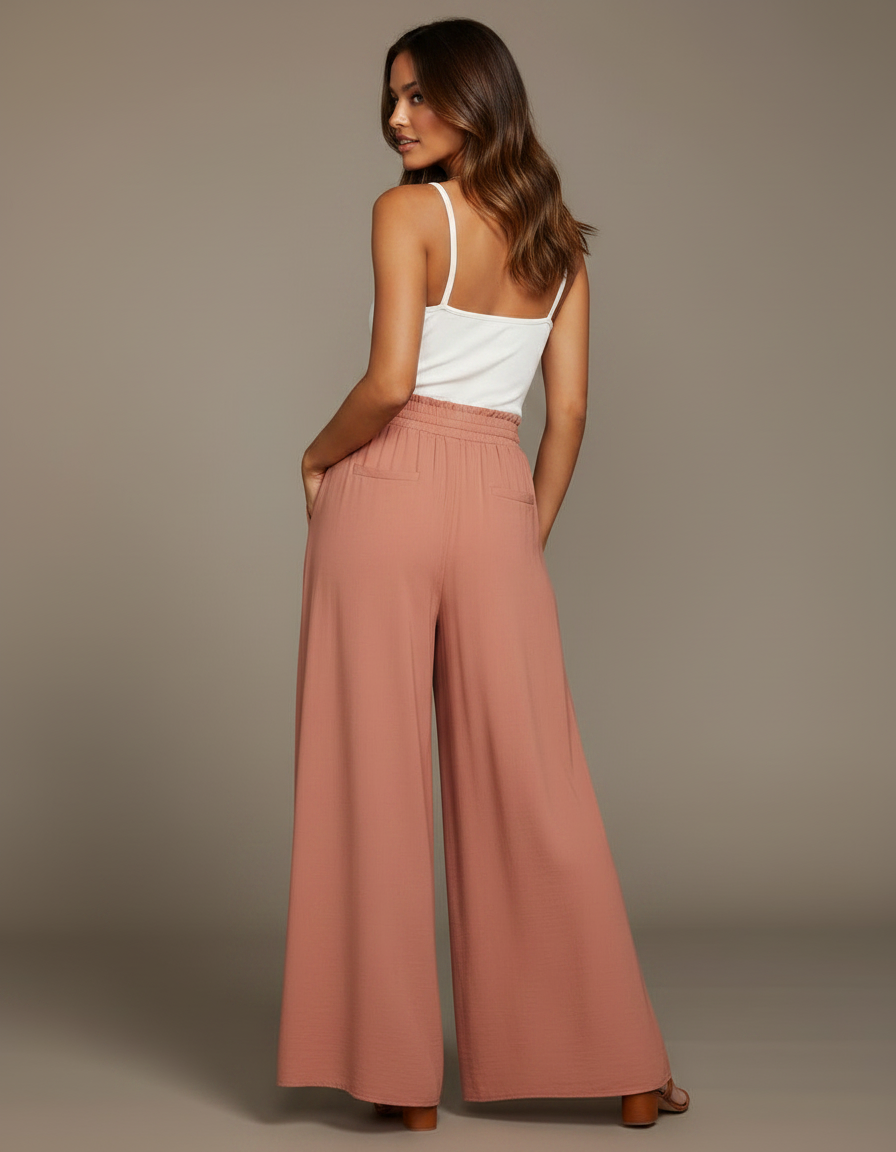 Pantalon Parachute Fluide Taille Haute Rose Pêche - Viscose - vue 2