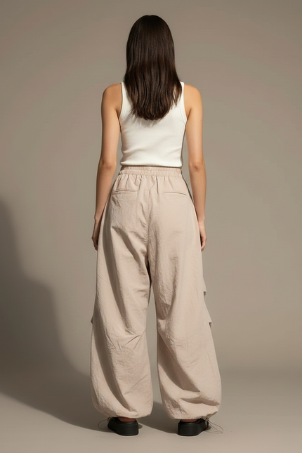 Pantalon Parachute Beige Ample Étoiles Vintage Y2K Femme - Polyester - vue 2
