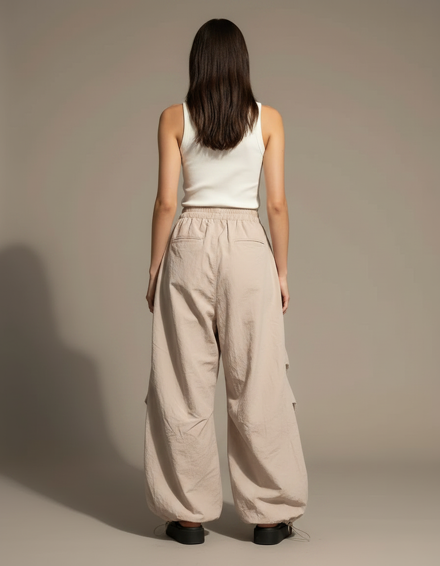 Pantalon Parachute Beige Ample Étoiles Vintage Y2K Femme - Polyester - vue 2