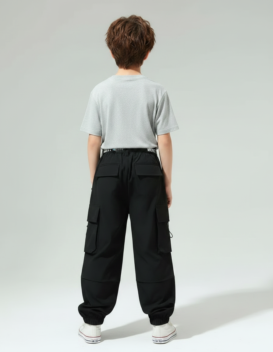 Pantalon Parachute Noir Cargo Ample Imprimé Enfant - Polyester - vue 2