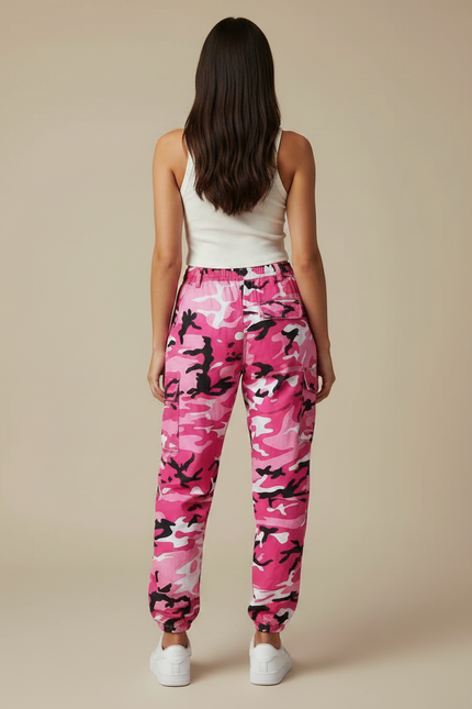 Pantalon Parachute Rose Camouflage Cargo Streetwear Femme - Polyester - vue 2