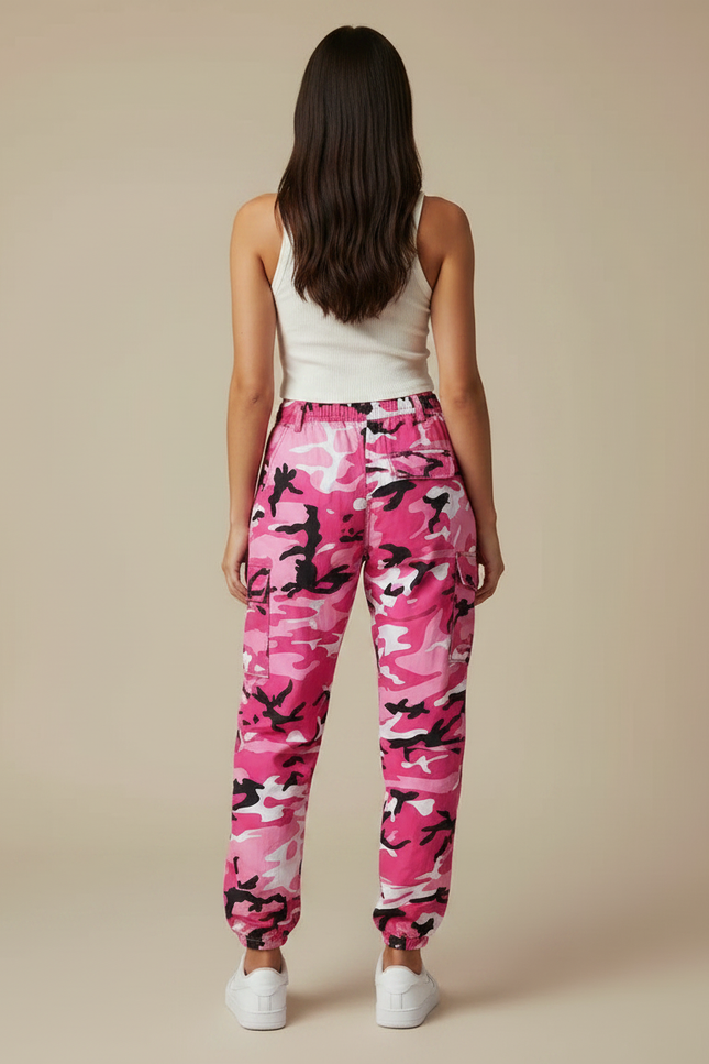 Pantalon Parachute Rose Camouflage Cargo Streetwear Femme - Polyester - vue 2
